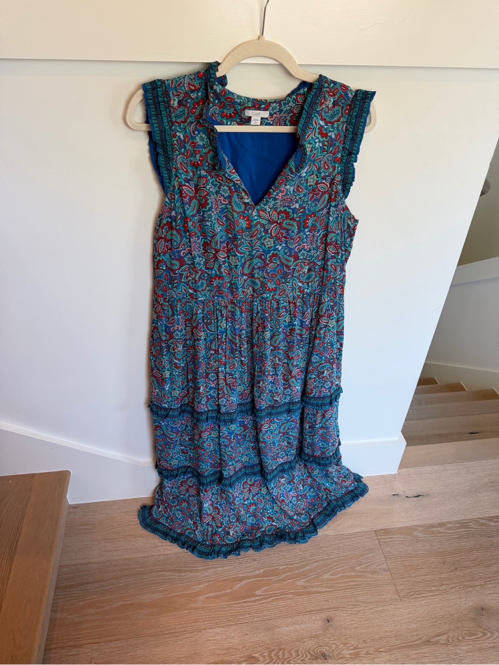 J Jill Sleeveless Floral Print Tiered Dress - Teal Blue and Red Medium Petite